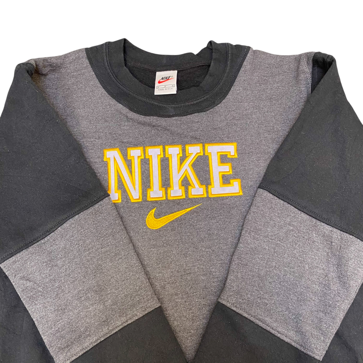 Nike Reworked Sweatshirt Mens M Black Grey Embroidered Spell Out Logo Crew Neck
