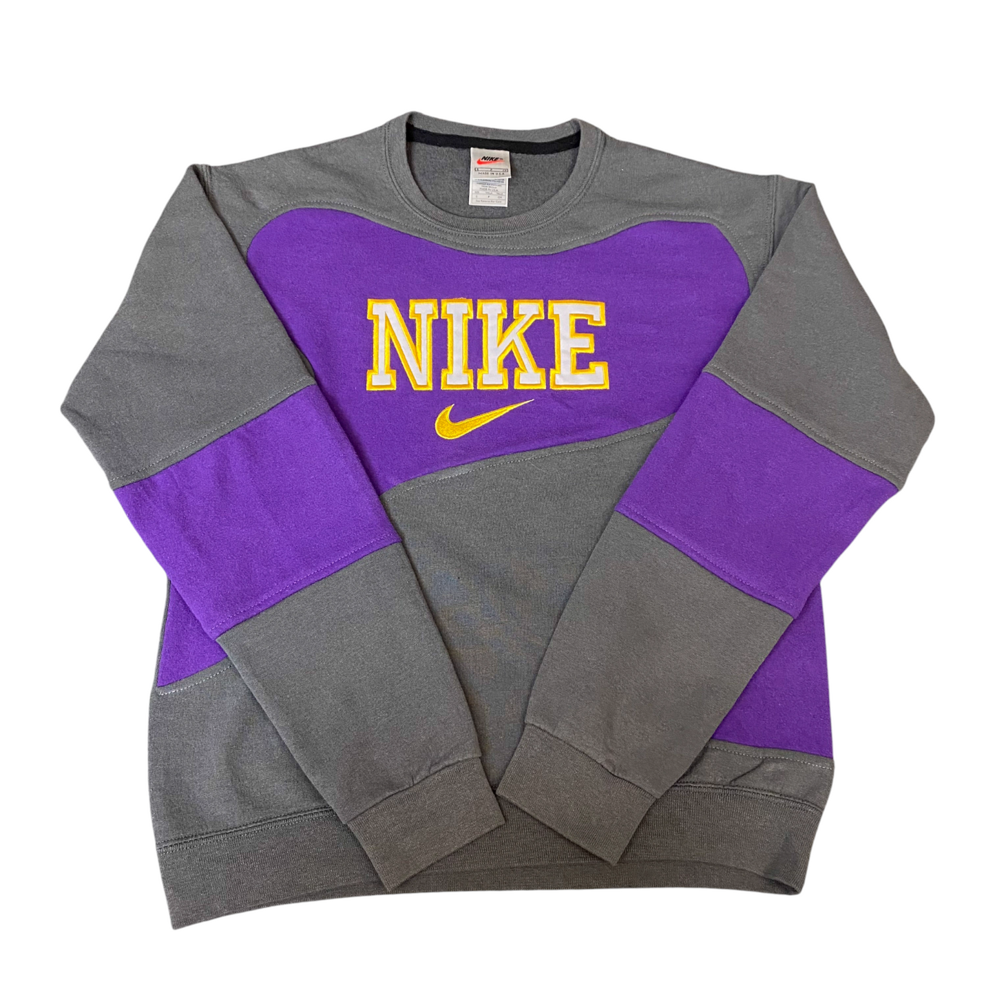 Nike Reworked Sweatshirt Men Small Purple Grey Embroidered Spellout Logo Vtg Y2K