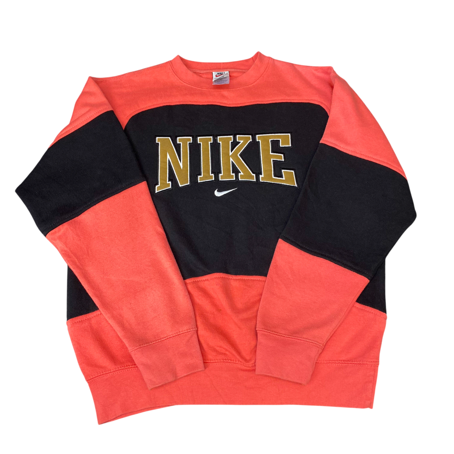 Nike Reworked Sweatshirt Mens M Orange Black Embroidered Spellout Logo Vtg Y2K