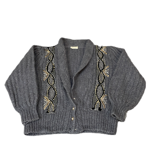 Eldorado Cardigan Jumper Womens L Grey Embroidered Knit Shawl Collar Snap Button