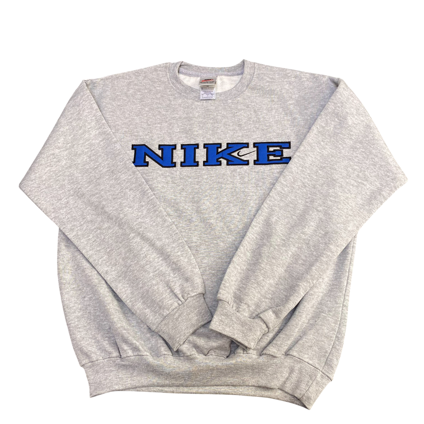 Nike Reworked Sweatshirt Mens M Grey Embroidered Spellout Logo Long Sleeve