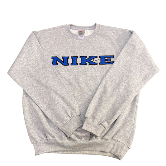 Nike Reworked Sweatshirt Mens M Grey Embroidered Spellout Logo Long Sleeve