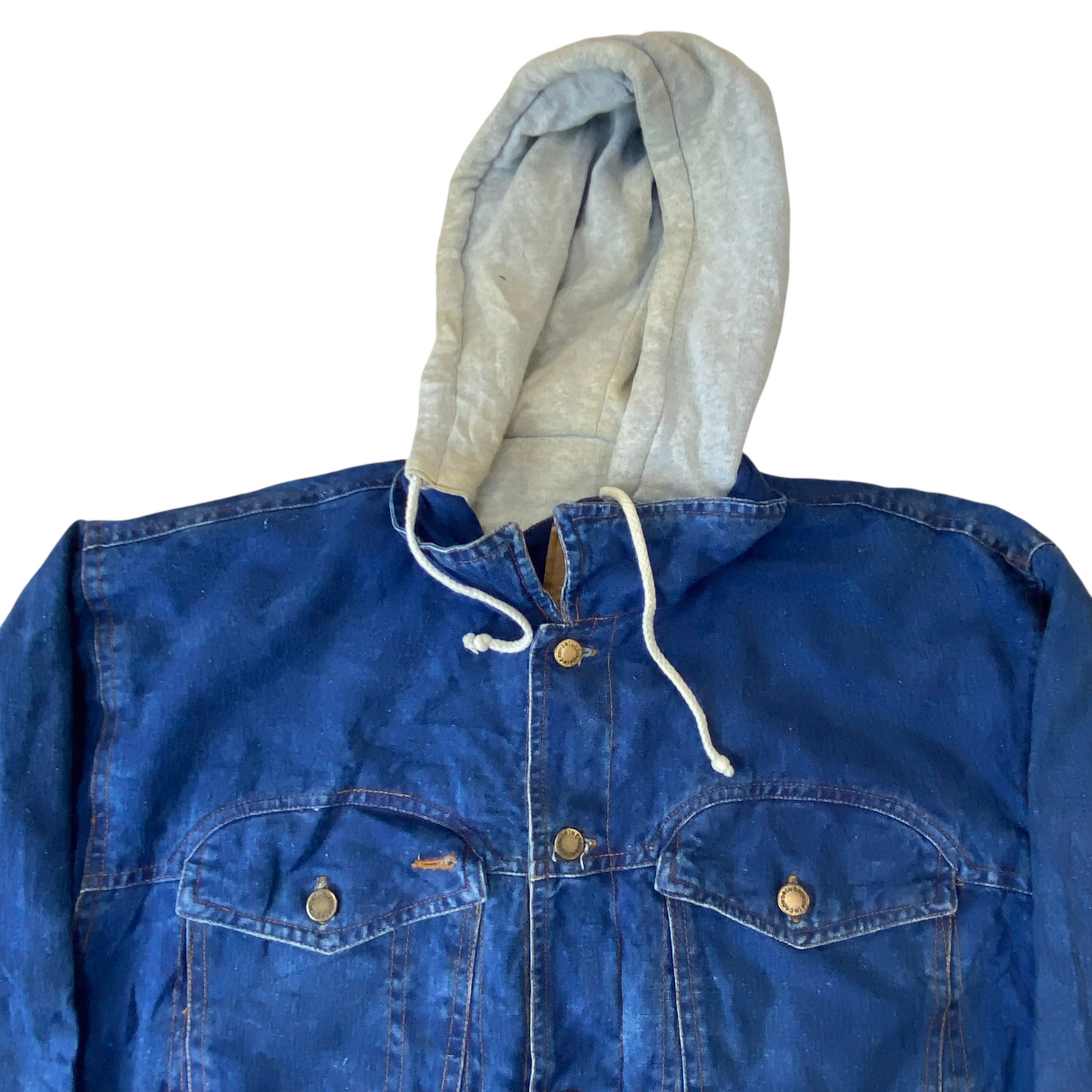 In Crowd Trucker Jacket Mens Large Blue Denim Stone Wash Hooded Button Front