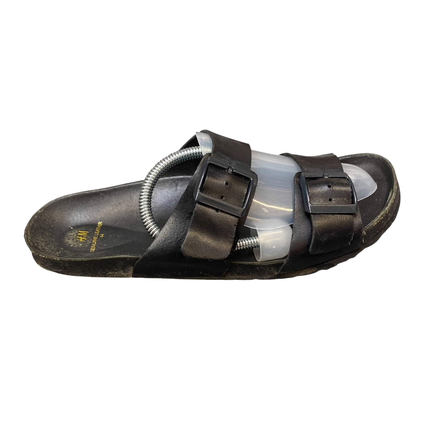 H&M Slide Sandals Mens UK 9.5 Black Genuine Leather Dual Buckle Strap Slip On