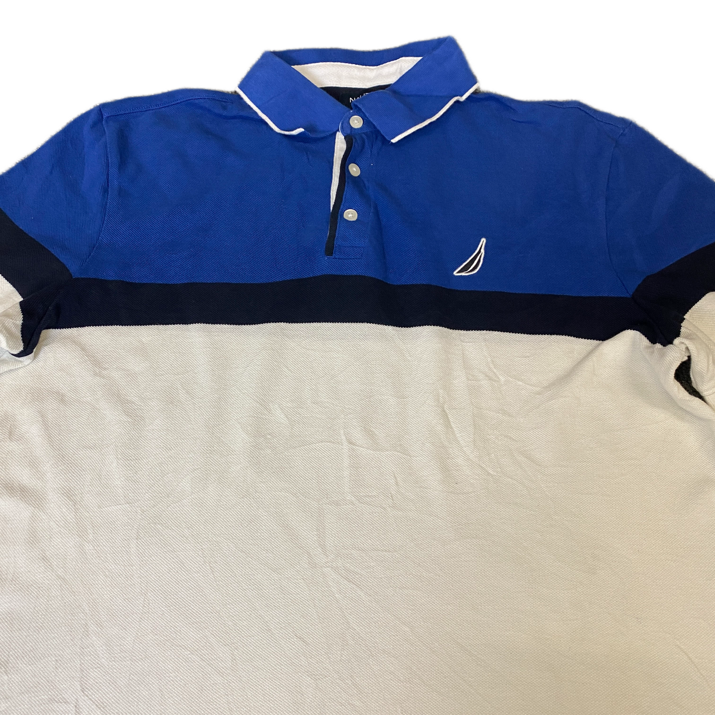 Nautica Polo Shirt Mens Large White Blue Side Slit Short Sleeve Collared Popover