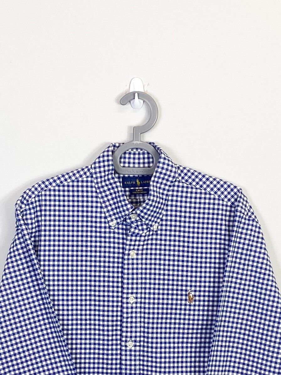 Ralph Lauren Shirt Men Large Blue Checkered Slim Fit Small Brown Polo Pony Logo