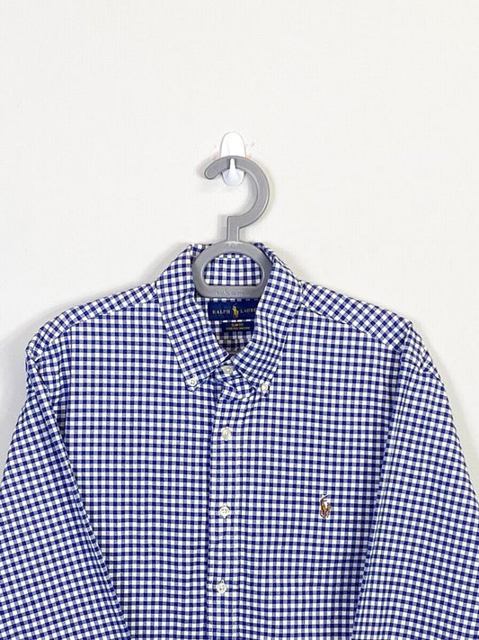 Ralph Lauren Shirt Men Large Blue Checkered Slim Fit Small Brown Polo Pony Logo