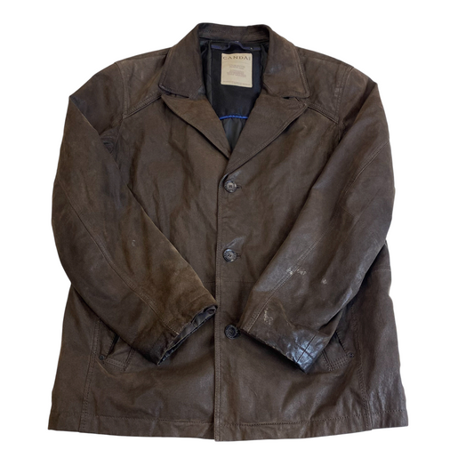 Canda Blazer Jacket Mens L Brown Genuine Leather Long Sleeve Notch Button Front