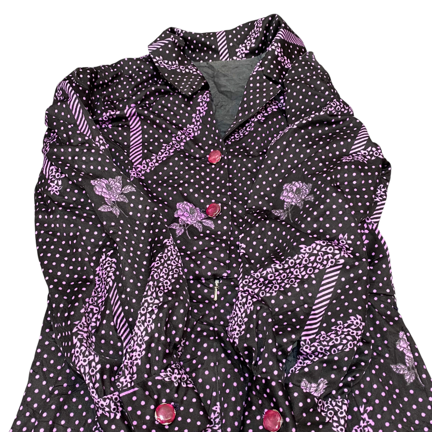 Womens Midi Dress S Black Polka Dot Floral Long Sleeve Collared Button Front