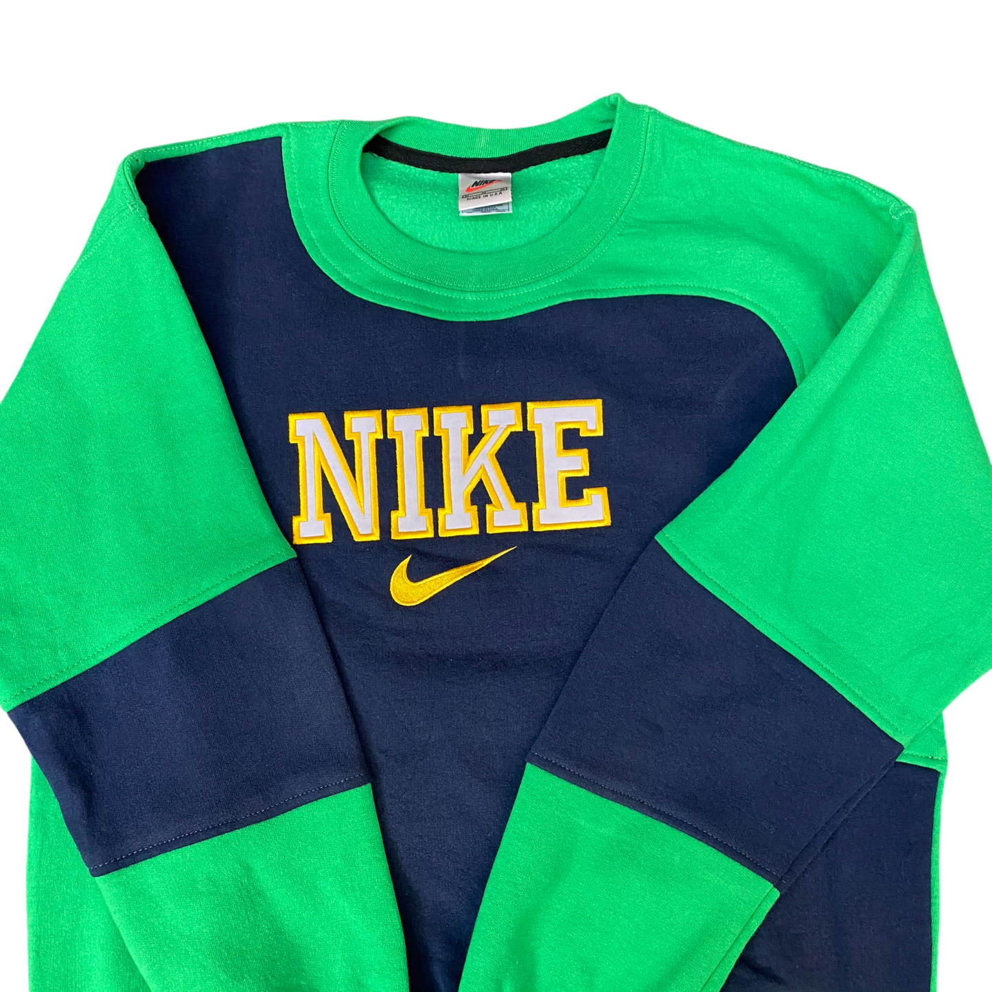 Nike Reworked Sweatshirt Mens Medium Green Blue Embroidered Spell Out Logo Y2K