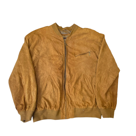 Classic Bomber Jacket Mens Large Brown Suede Leather Long Sleeve Full Zipper