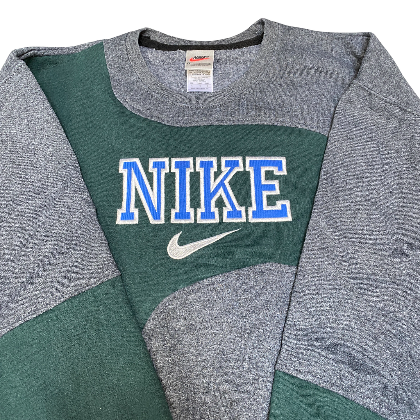 Nike Reworked Sweatshirt Mens L Grey Green Embroidered Spellout Logo Vintage Y2K