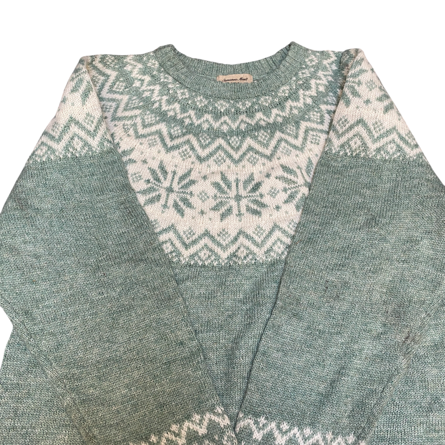 Samansa Mos2 Jumper Womens Medium Green White Fair Isle Long Sleeve Crewneck