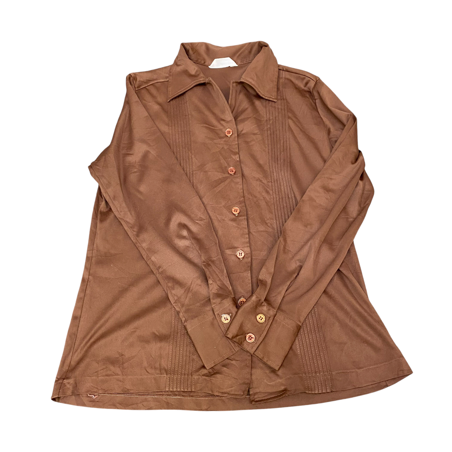 Shirt Top Womens S Brown Satin Pintuck Detail Long Sleeve Collared Button Down