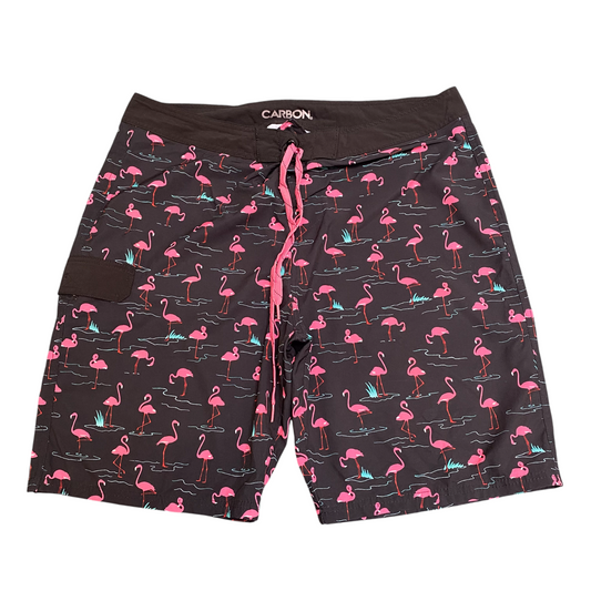 Carbon Swim Trunks Mens 38W Black Flamingo Print Stretch Drawstring 10" Inseam