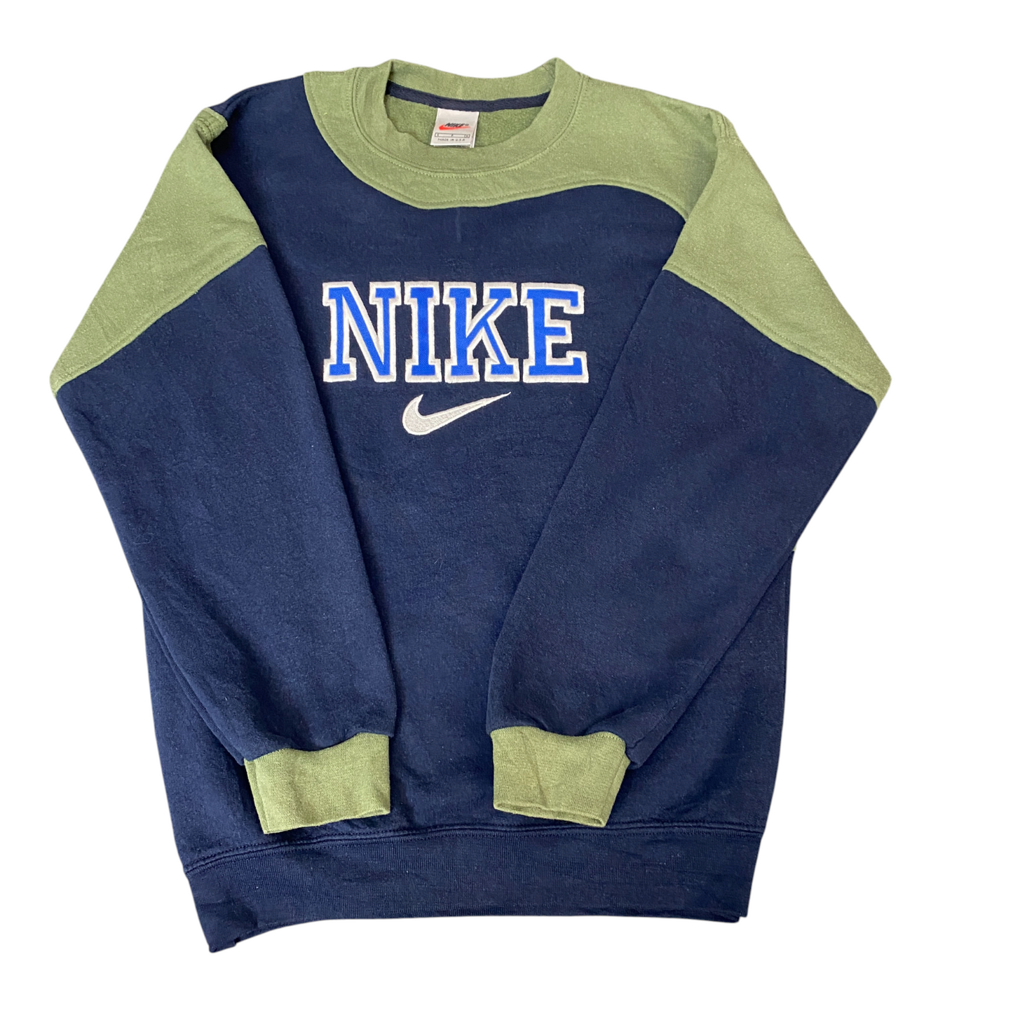 Nike Reworked Sweatshirt Mens S Navy Green Embroidered Spellout Logo Vintage Y2K