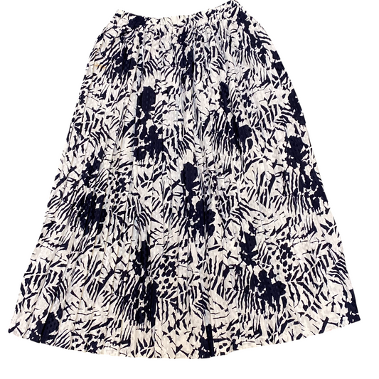 Women's Maxi Skirt S White Black Floral Print Pleated Elastic Waist Pull On