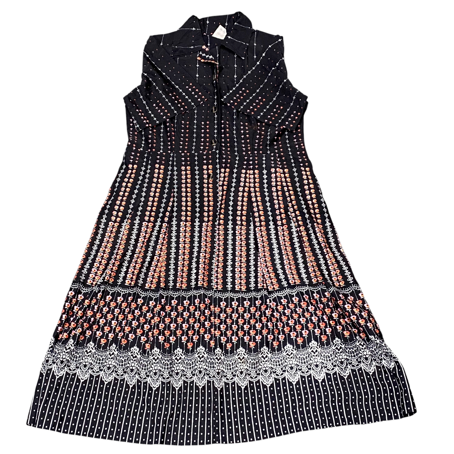 Womens A Line Dress M Black Geometric Short Sleeve Pleated Collared Button Front