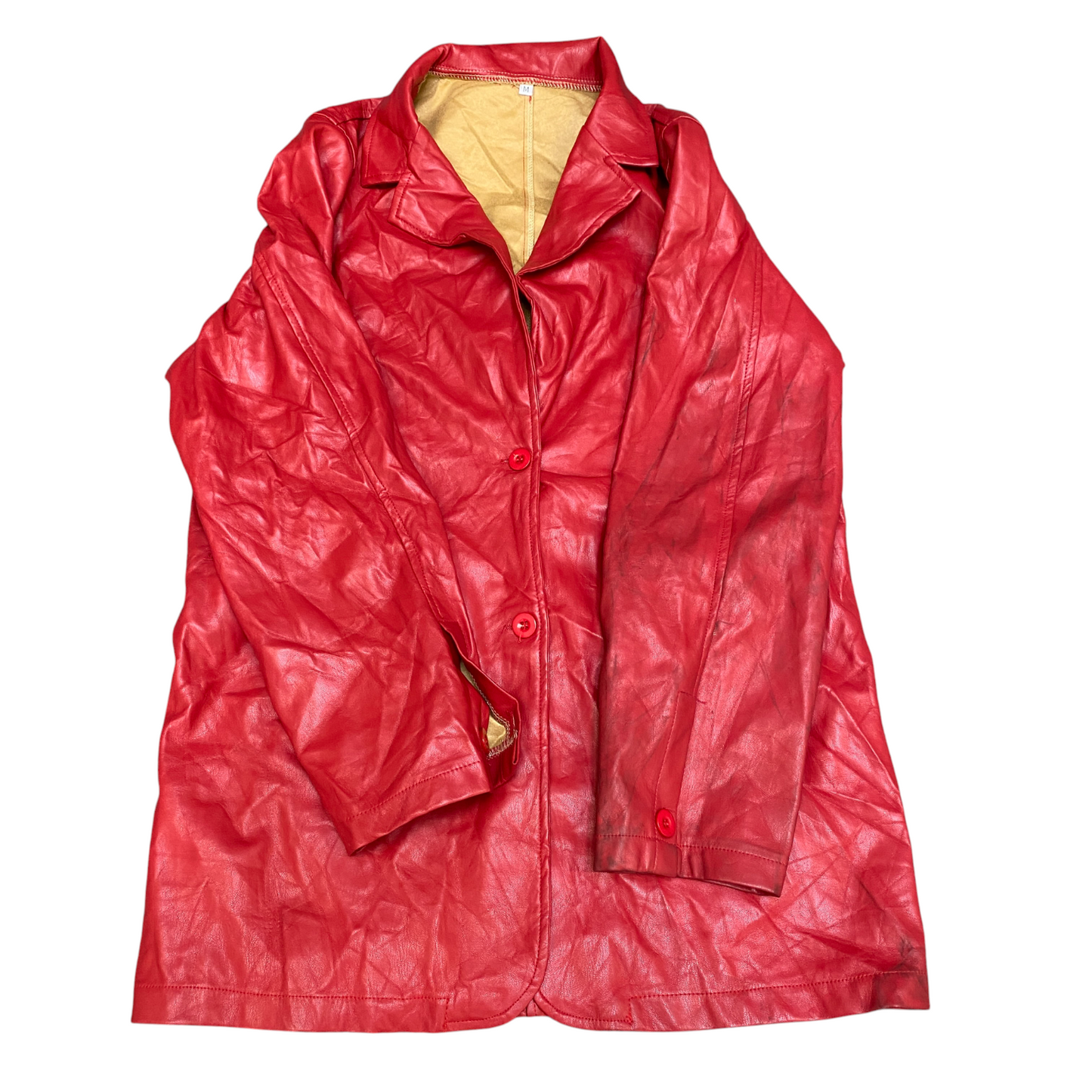 Womens Leather Blazer Coat Medium Red Long Sleeve Notch Lapel Single Breasted