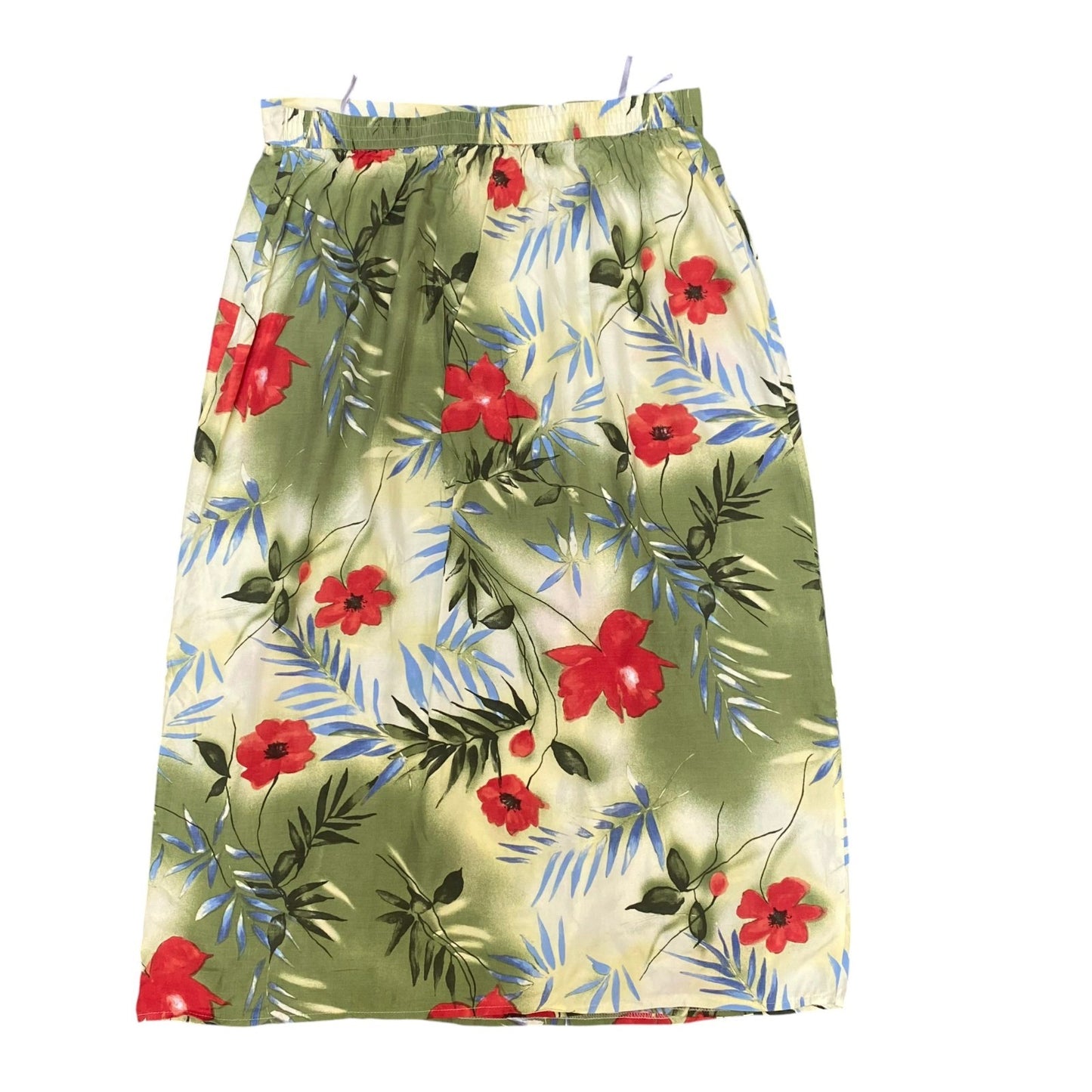 Wrap Skirt Womens L Green Floral Midi Elastic Waist Casual Outdoor Pull-On