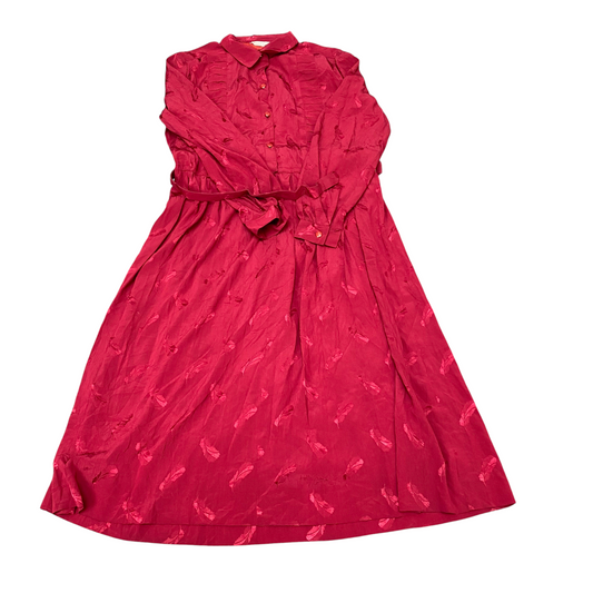 Plaire Dress Womens M Red Floral Silk Pleated Long Sleeve Collared Button Front