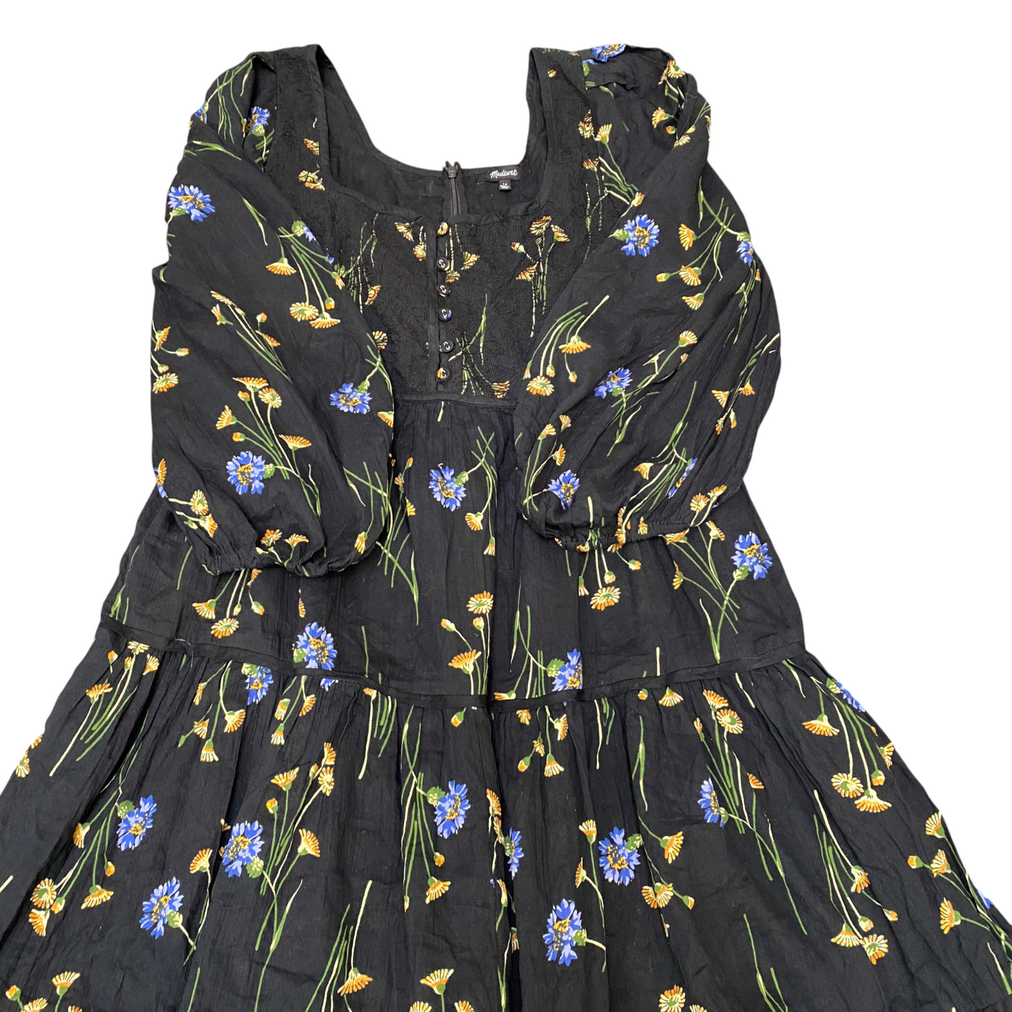 Madewel Maxi Dress Womens M Black Floral Long Sleeve Square Neck Button Front