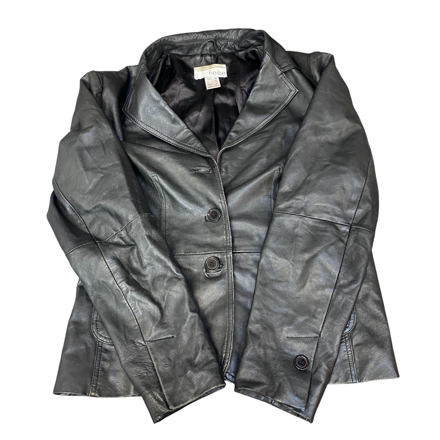 Heine Leather Blazer Jacket Women Medium Black Lined Notch Lapel Single Breasted