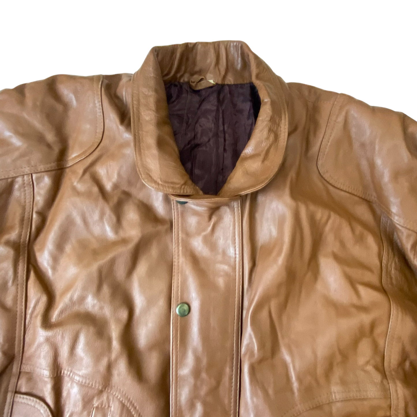 Mens Faux Leather Jacket Medium Brown Lined Collared Snap Button Elasticated Hem