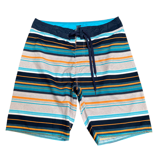 Old Navy Board Shorts Mens M Grey Blue Striped Stretch Drawstring 9.5" Inseam