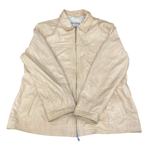 Vera Pelle Leather Jacket Womens XL Beige Lined Long Sleeve Collared Full Zip