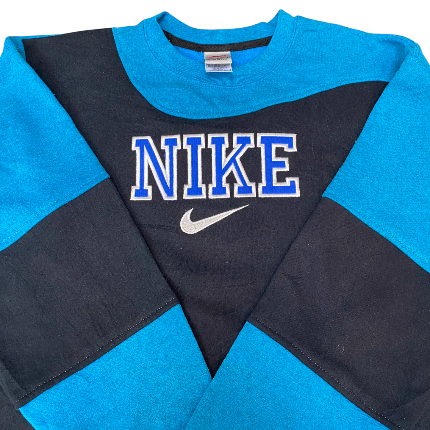 Nike Reworked Sweatshirt Mens L Black Blue Embroidered Spellout Logo Vintage Y2K