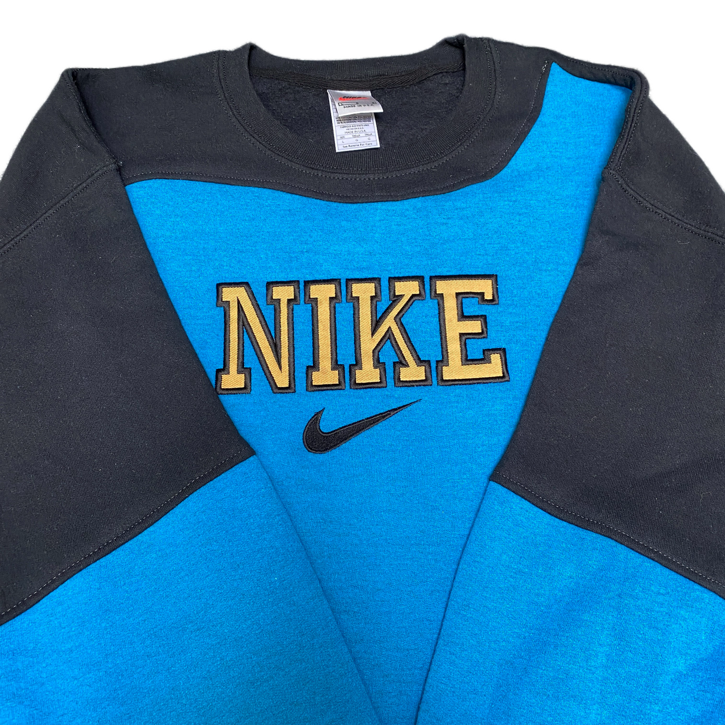 Nike Reworked Sweatshirt Mens Large Blue Black Embroidered Spellout Logo Vtg Y2K
