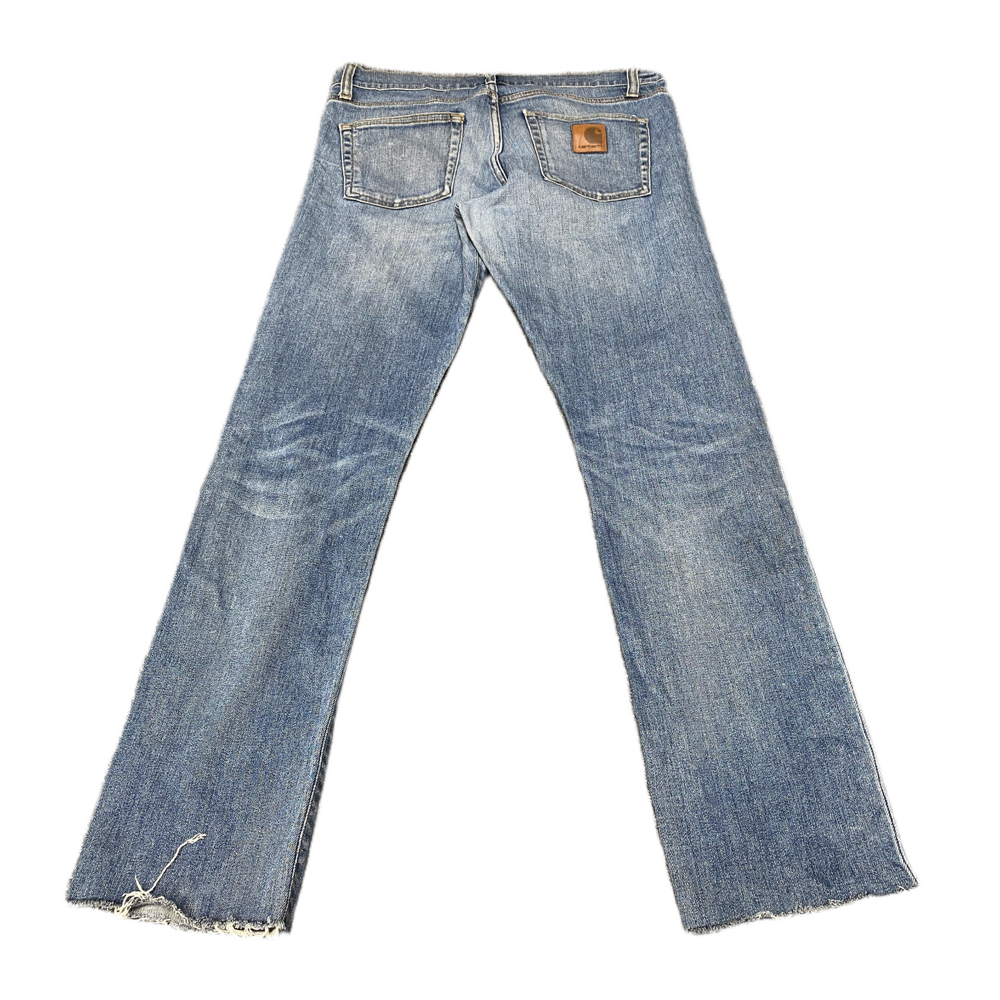 Carhartt Wip Rebel Jeans Mens 32 Blue Denim Stretch Frayed Hem Whiskered Skinny