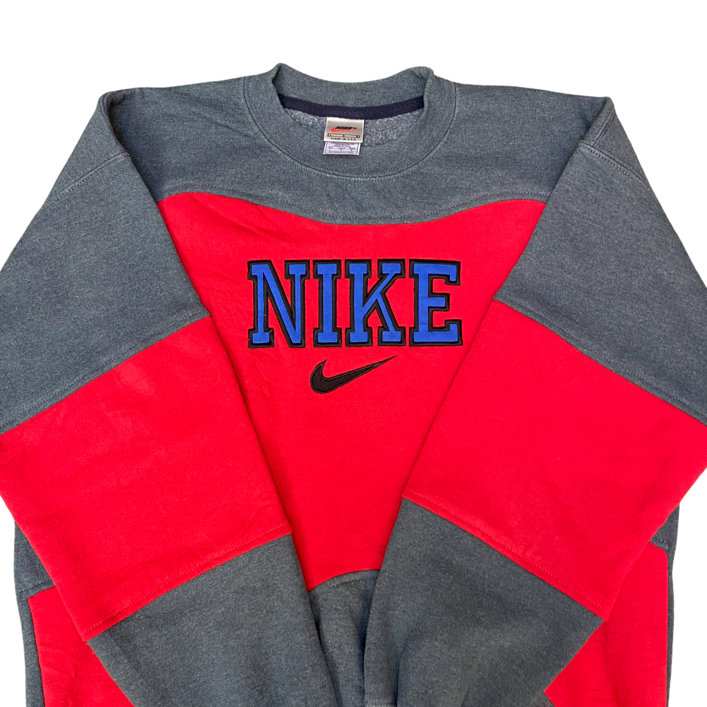 Nike Reworked Sweatshirt Mens Large Grey Red Embroidered Spell Out Logo Y2K