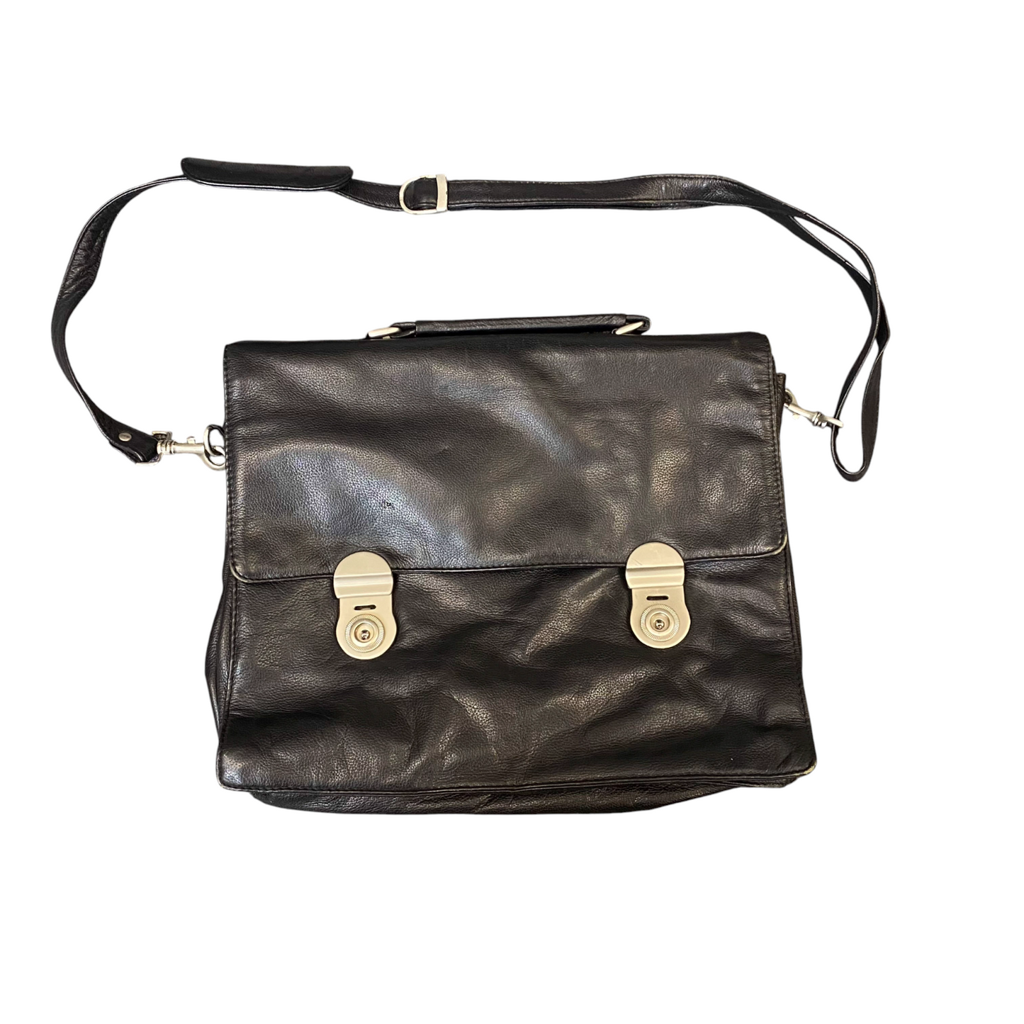 Womens Briefcase Bag Black Pebbled Leather Flap Zip Pocket Detachable Strap