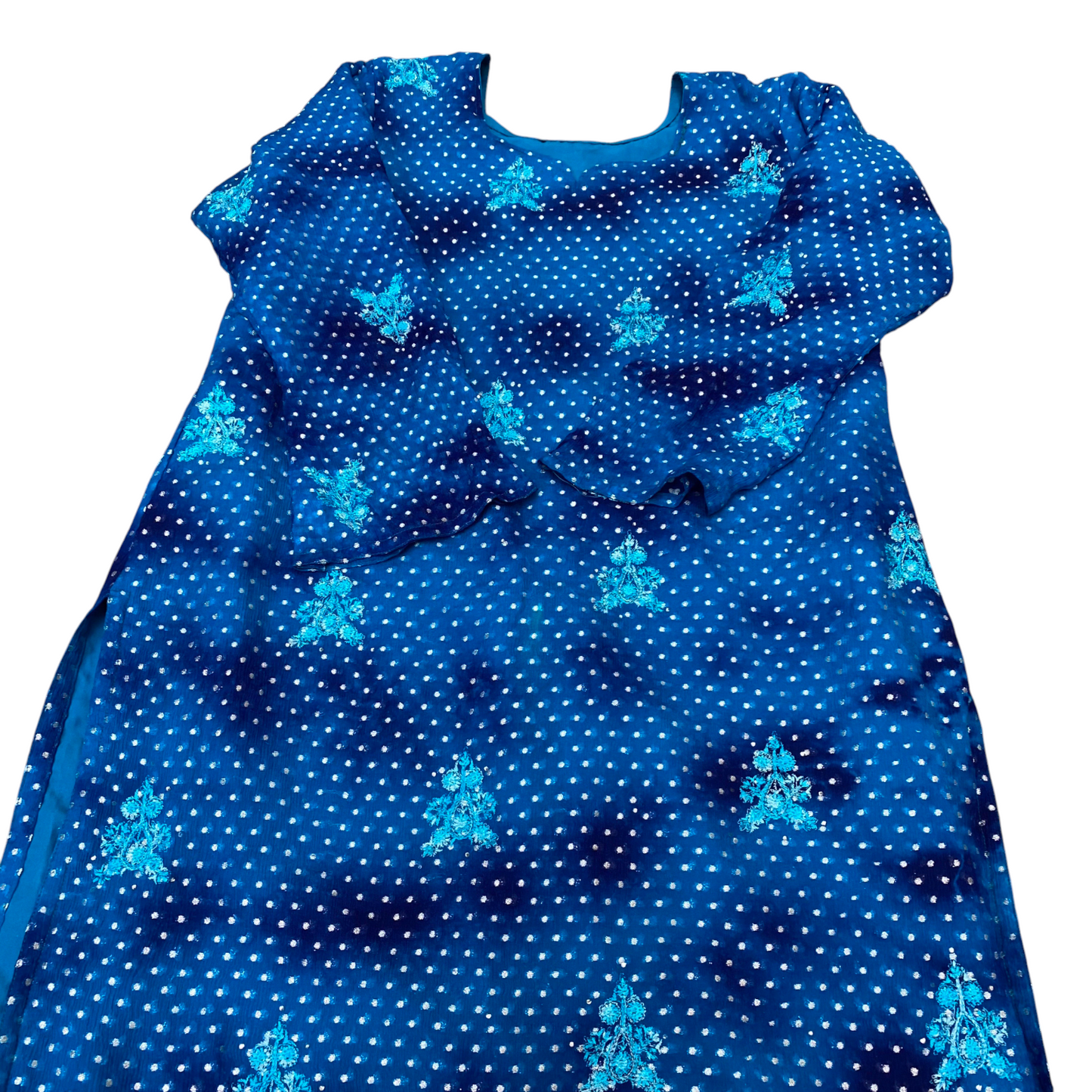 Womens Maxi Dress L Blue Polka Dot Satin Embroidered Lined Long Sleeve V Neck