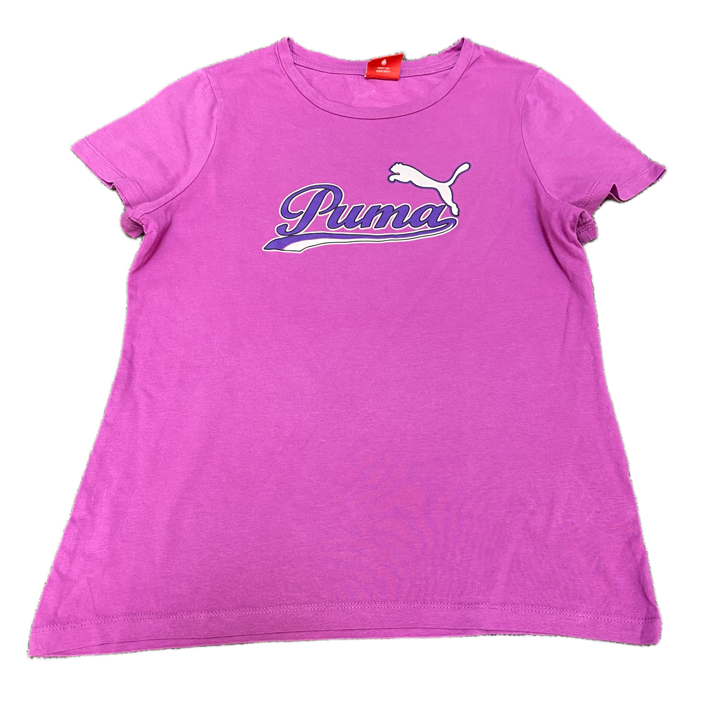 PUMA Essential T-Shirt Womens Small Purple Graphic Print Relaxed Fit Stretch Tee