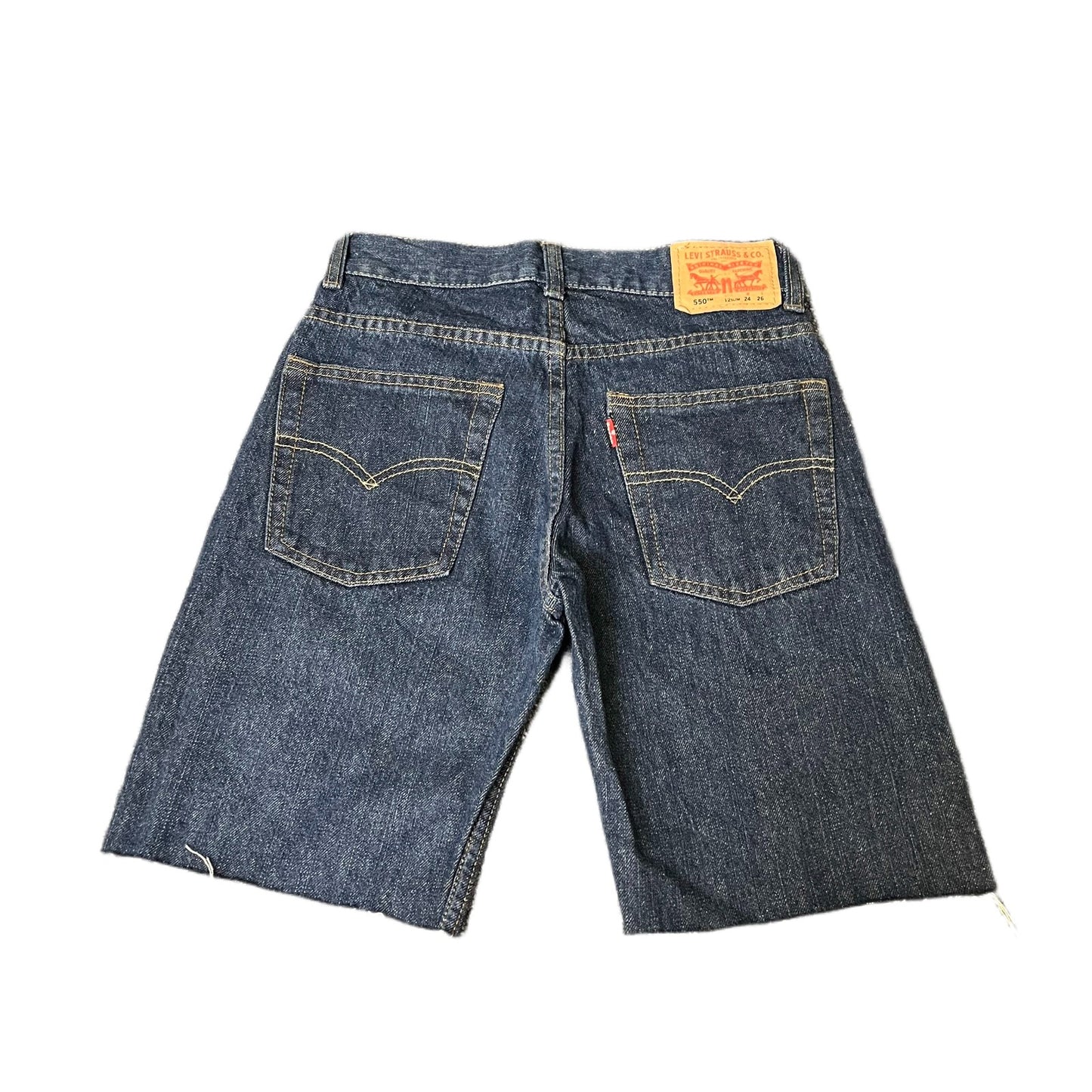 Levi's 550 Jean Shorts Fits as Womens Small 26" Waist Blue Denim Red Tab Raw Hem