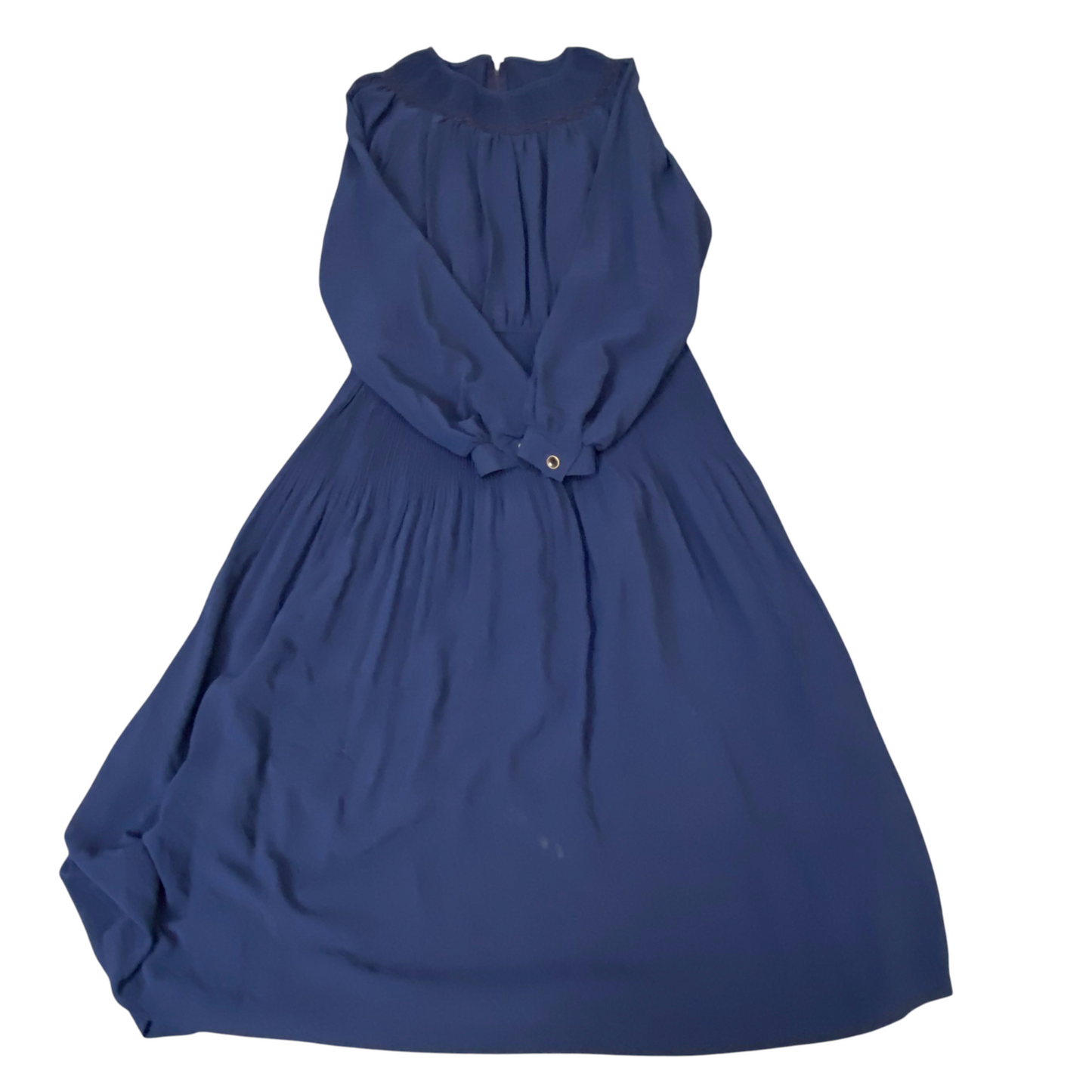 Long Maxi Dress Womens S Blue Long Sleeve Smocked Waist Round Neck Back Zip