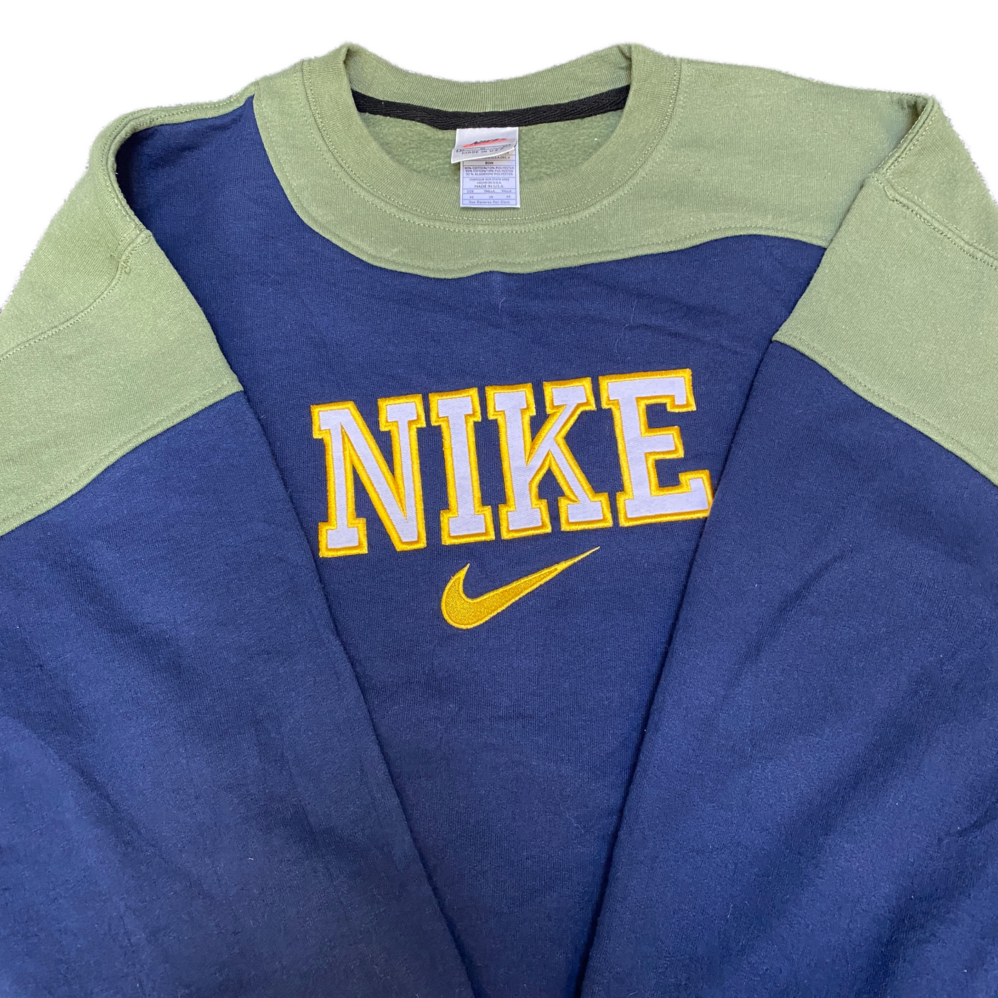 Nike Reworked Sweatshirt Mens M Navy Green Embroidered Spellout Logo Vintage Y2K