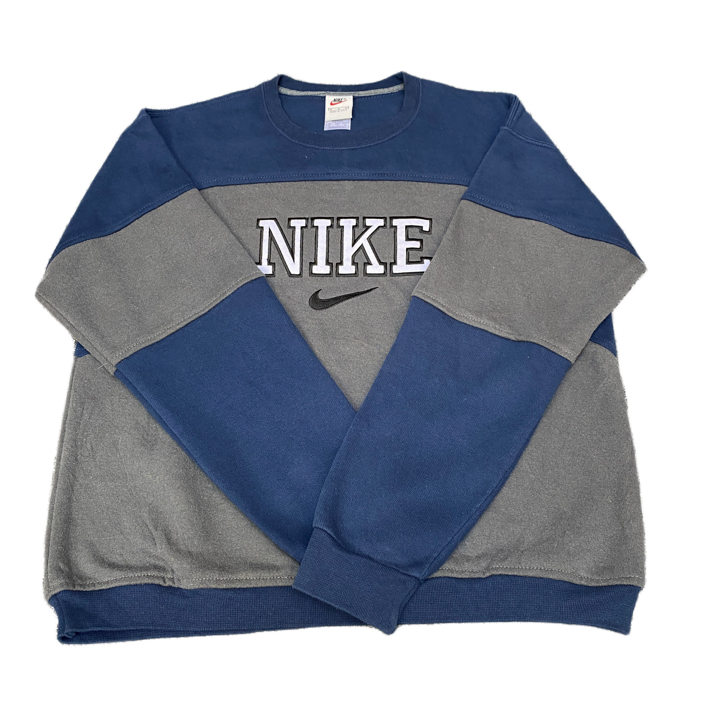 Nike Reworked Sweatshirt Mens M Blue Grey Embroidered Spellout Logo Vintage Y2K