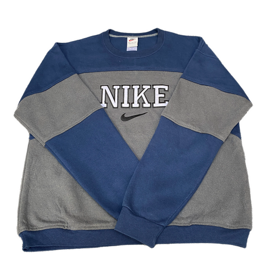 Nike Reworked Sweatshirt Mens M Blue Grey Embroidered Spellout Logo Vintage Y2K