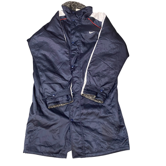 Nike Bench Long Coat Mens Small Navy Insulated Loose Fit Long Sleeve Snap Button