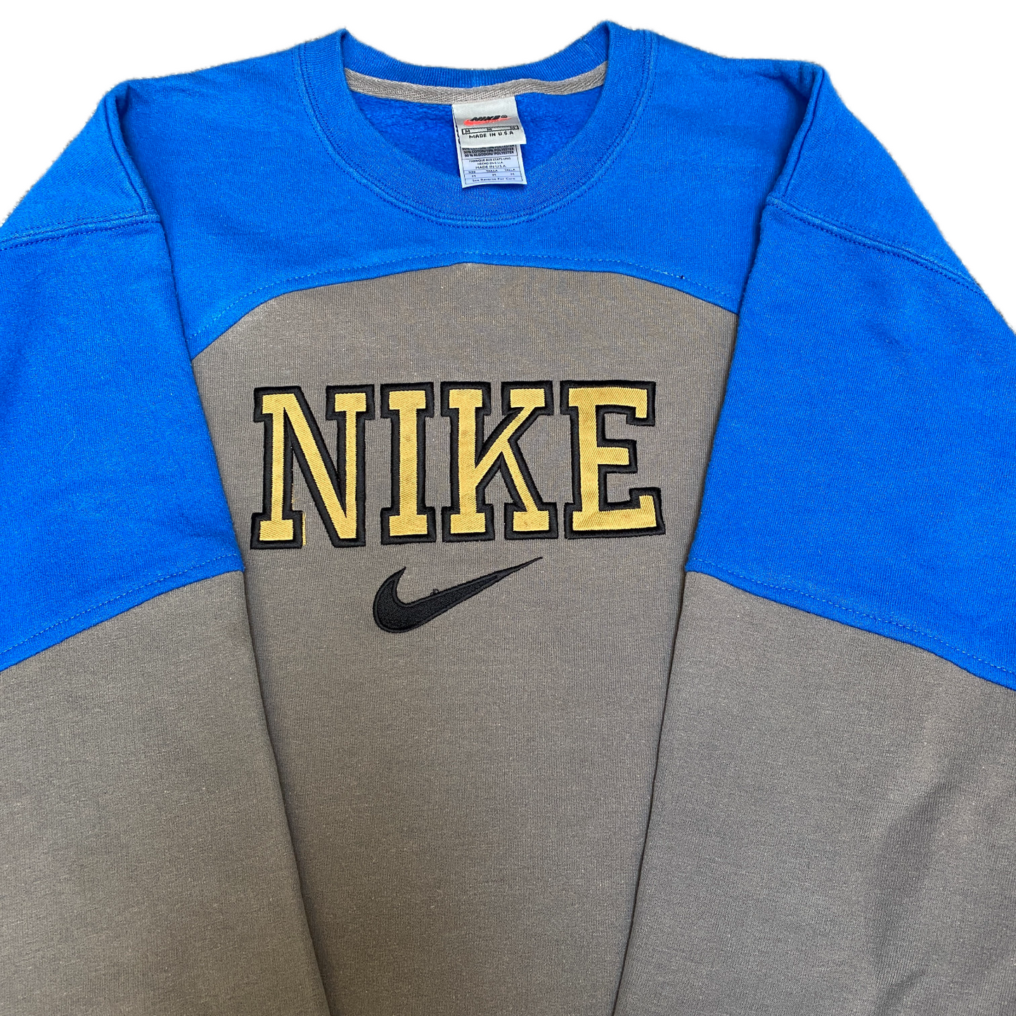 Nike Reworked Sweatshirt Mens M Blue Grey Embroidered Spellout Logo Vintage Y2K