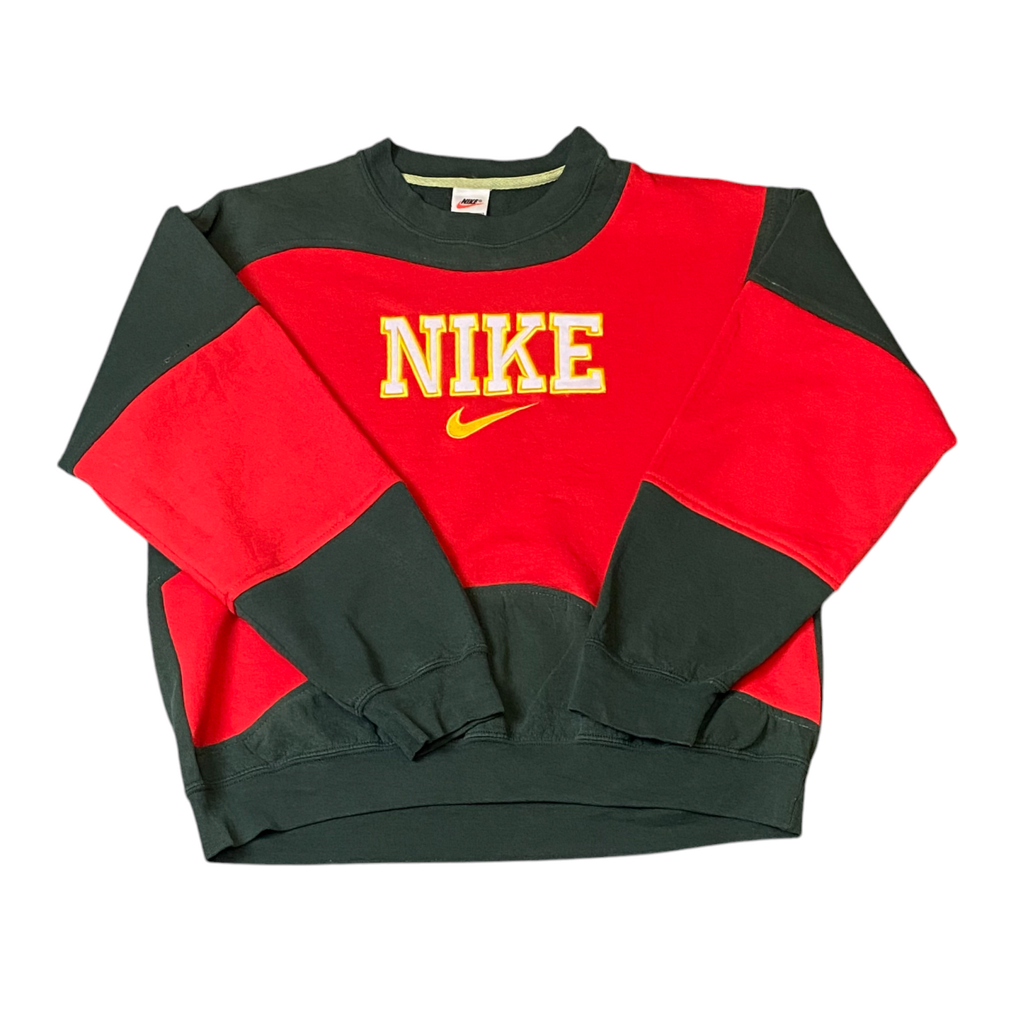Nike Reworked Sweatshirt Mens Medium Green Red Spellout Logo Crew Neck Vtg Y2K