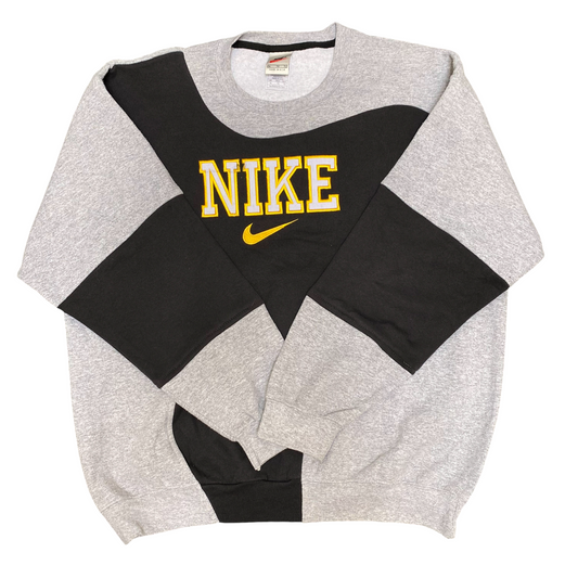 Nike Reworked Sweatshirt Mens XL Grey Black Embroidered Spellout Logo Crew Neck