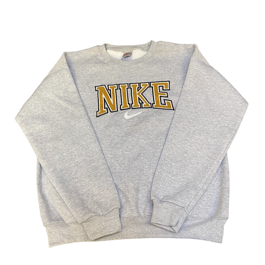 Nike Reworked Sweatshirt Mens Medium Grey Embroidered Spellout Logo Vintage Y2K
