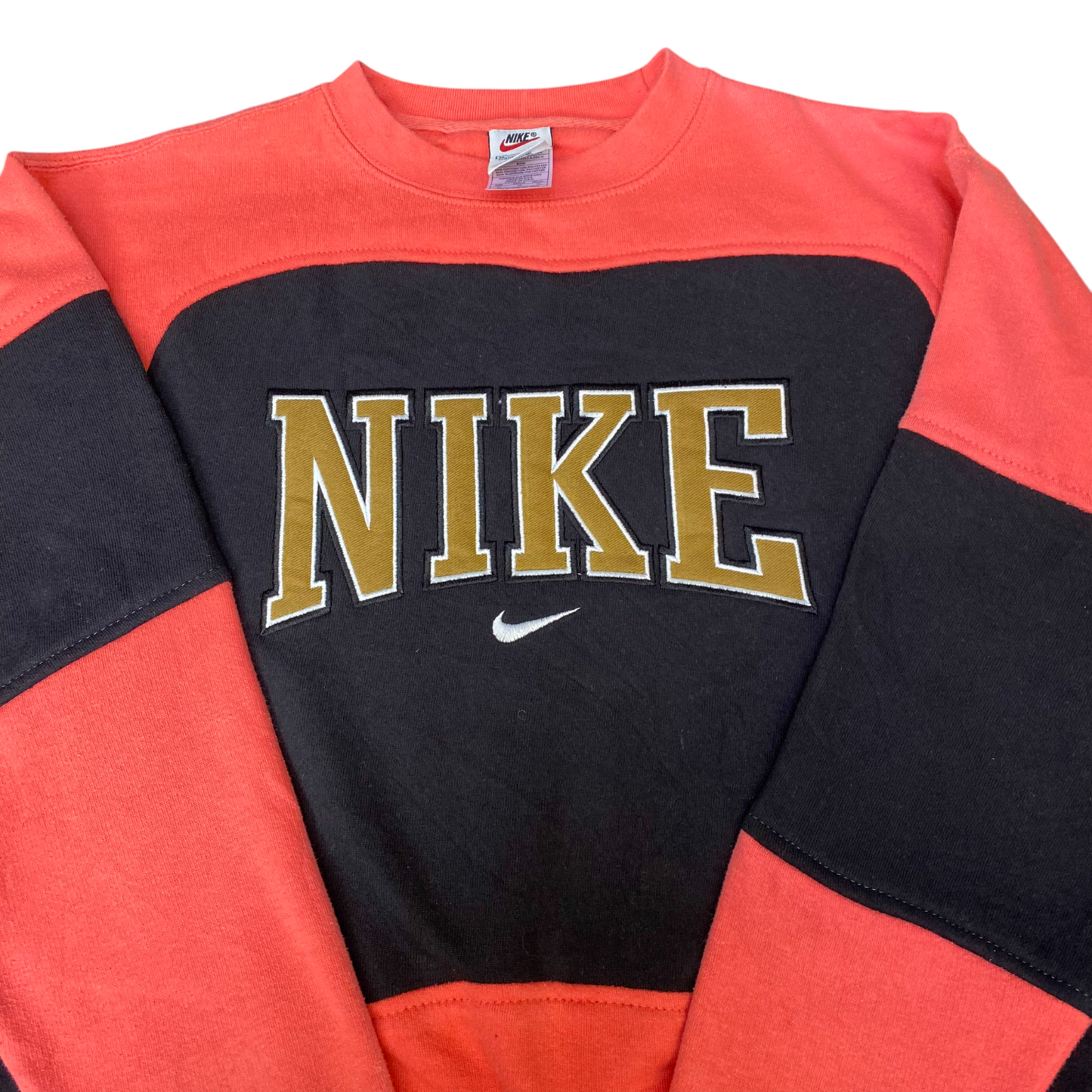 Nike Reworked Sweatshirt Mens M Orange Black Embroidered Spellout Logo Vtg Y2K