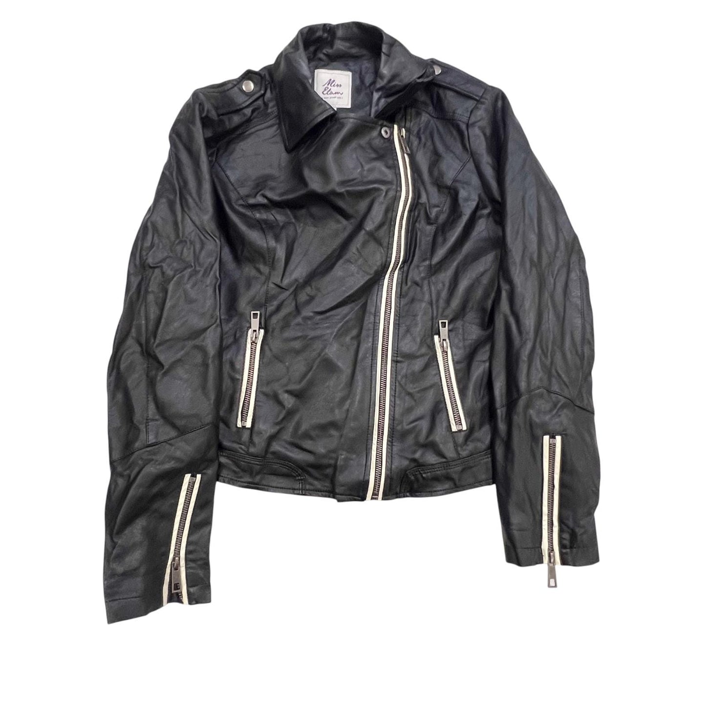 Miss Etam Faux Leather Moto Jacket Womens Medium Black Collared Cliffside Zip