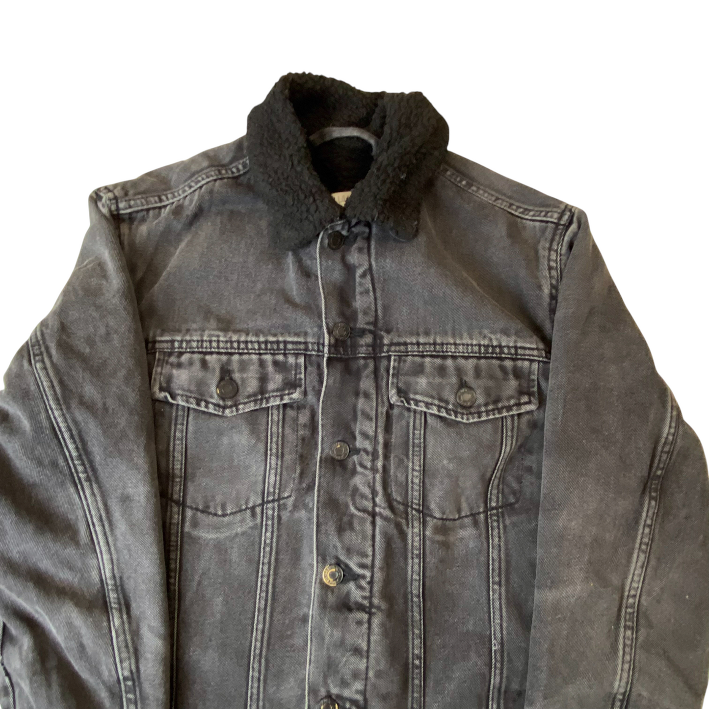 H&M L.O.G.G. Trucker Jacket Mens Medium Grey Sherpa Lined Collared Button Front